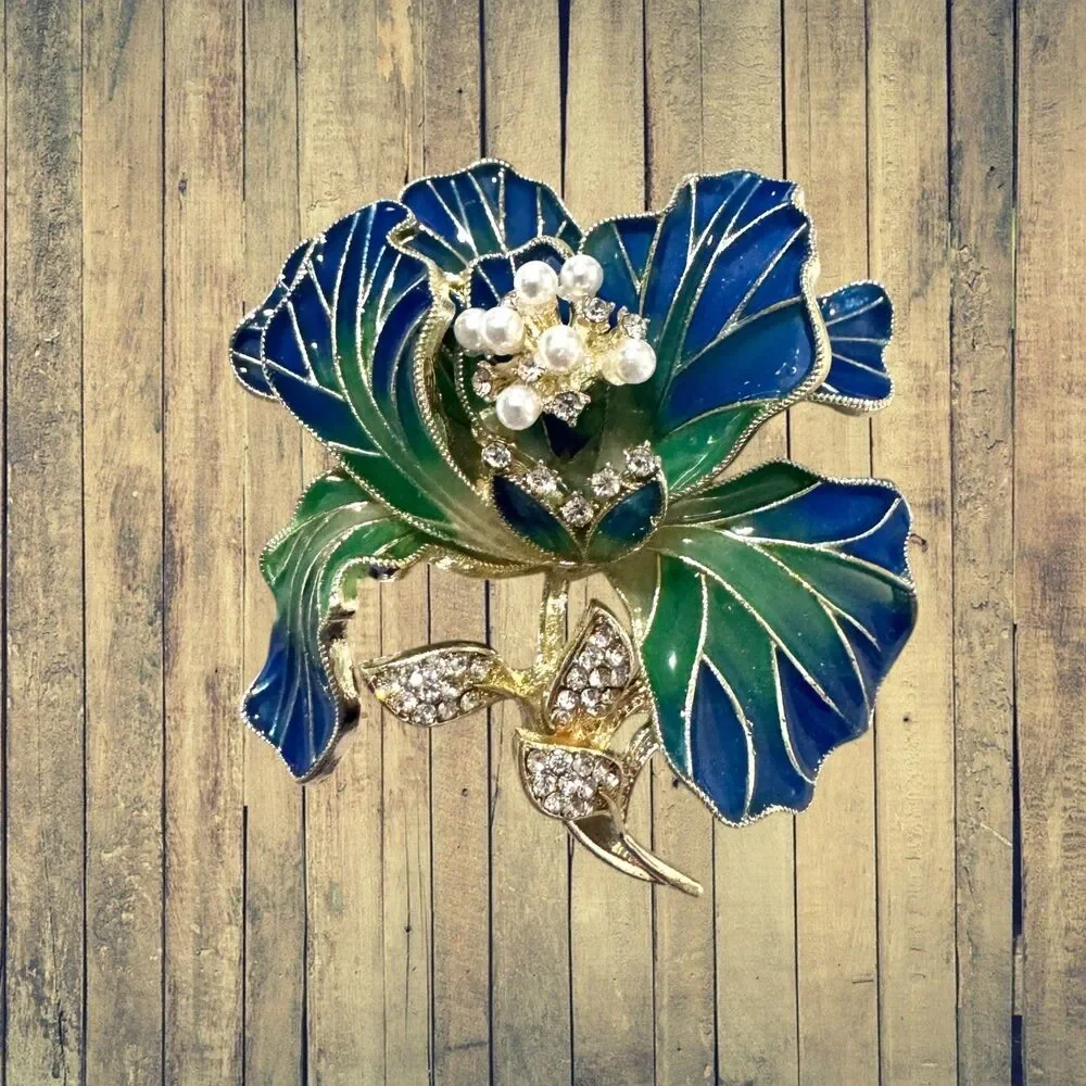 Blue, Green and Gold Plated and Rhinestone Brooch #22138 - Picture 4 of 6
